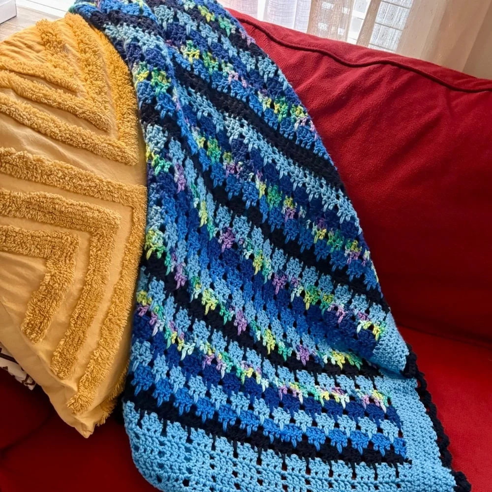 Handmade Blue Multicolor Crochet Afghan Blanket Scalloped Rectangle Multicolor